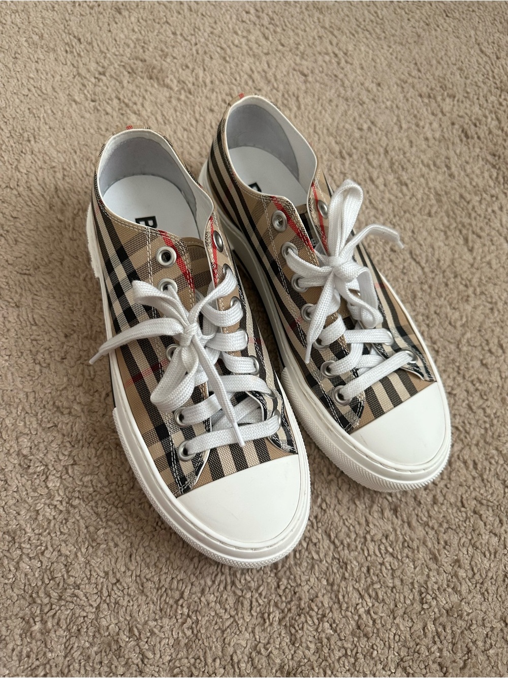 Burberry Beige Check Low-Top Sneakers with White Accents